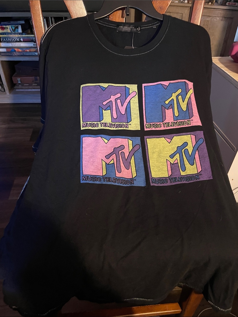 MTV Black Short Sleeve Tee with Pink Purple Yellow and Blue Logos